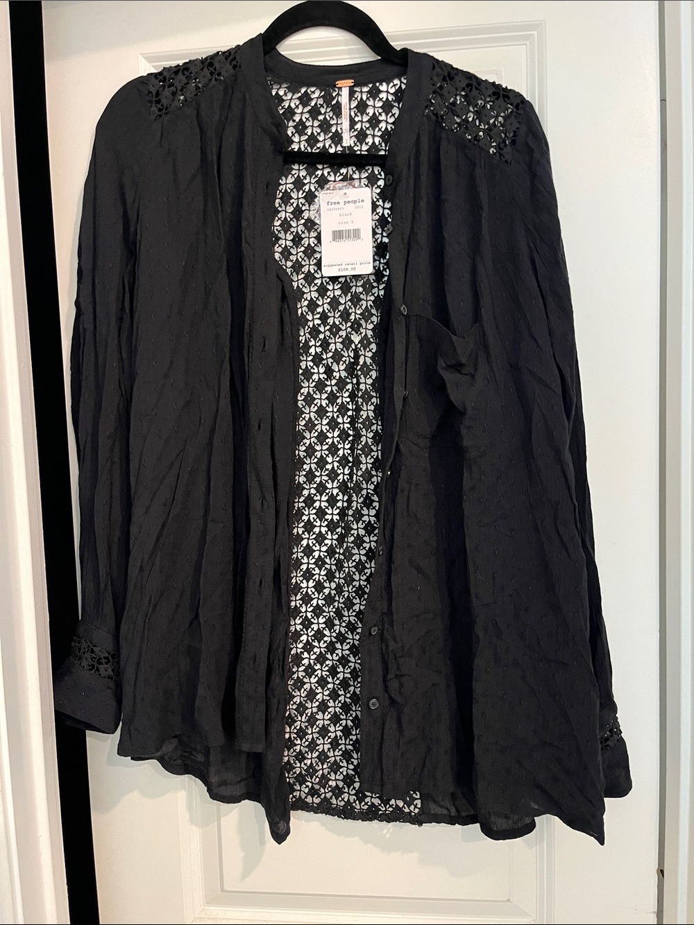 Free People Black Button-Front Crochet Yoke Blouse